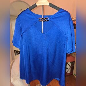 SHEIN Royal Blue Short Sleeve Top with Gold Neck Detail, Size XL
